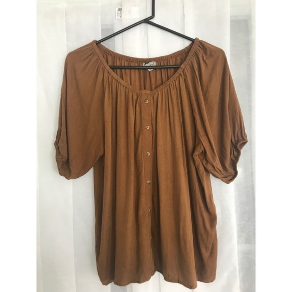 Wishlist Apparel Cognac Brown Tencel Gauze Button Front Puff Sleeve Blouse Large